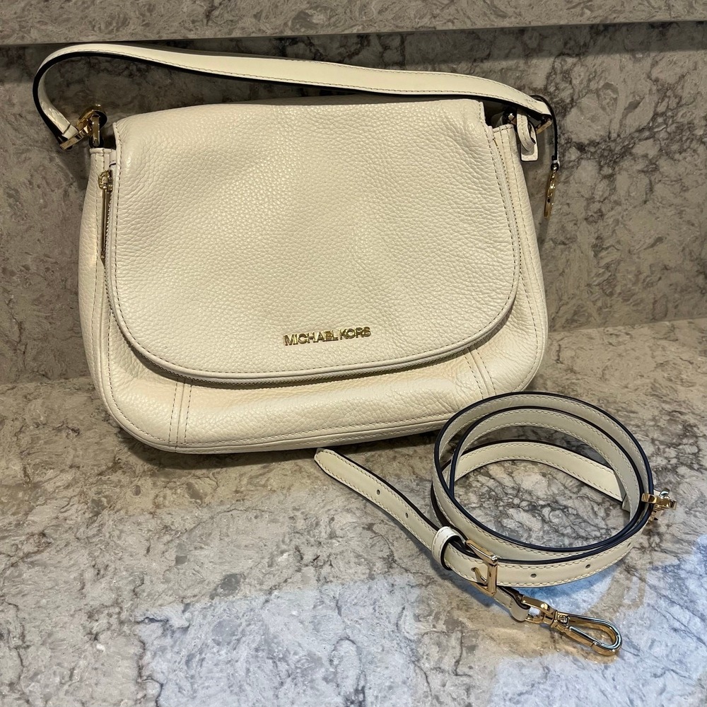 Michael Kors Bedford Medium Pebbled Leather Convertible Flap Bag White Boho Chic